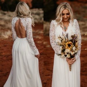 LULU’S Awaken My Love White Long Sleeve Lace Maxi Dress Sz L